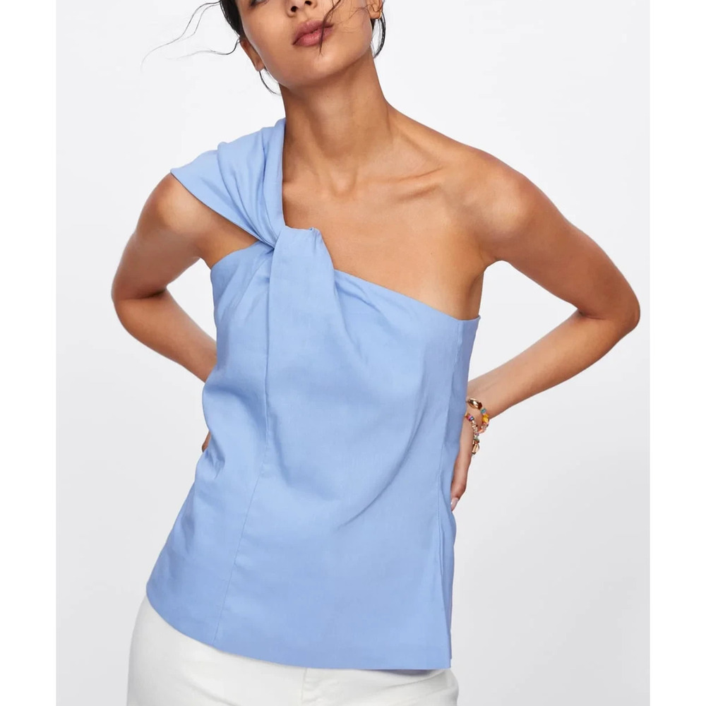Zara Knotted Asymmetrical cotton Y2K boho babydoll preppy Top Blue XS A006403